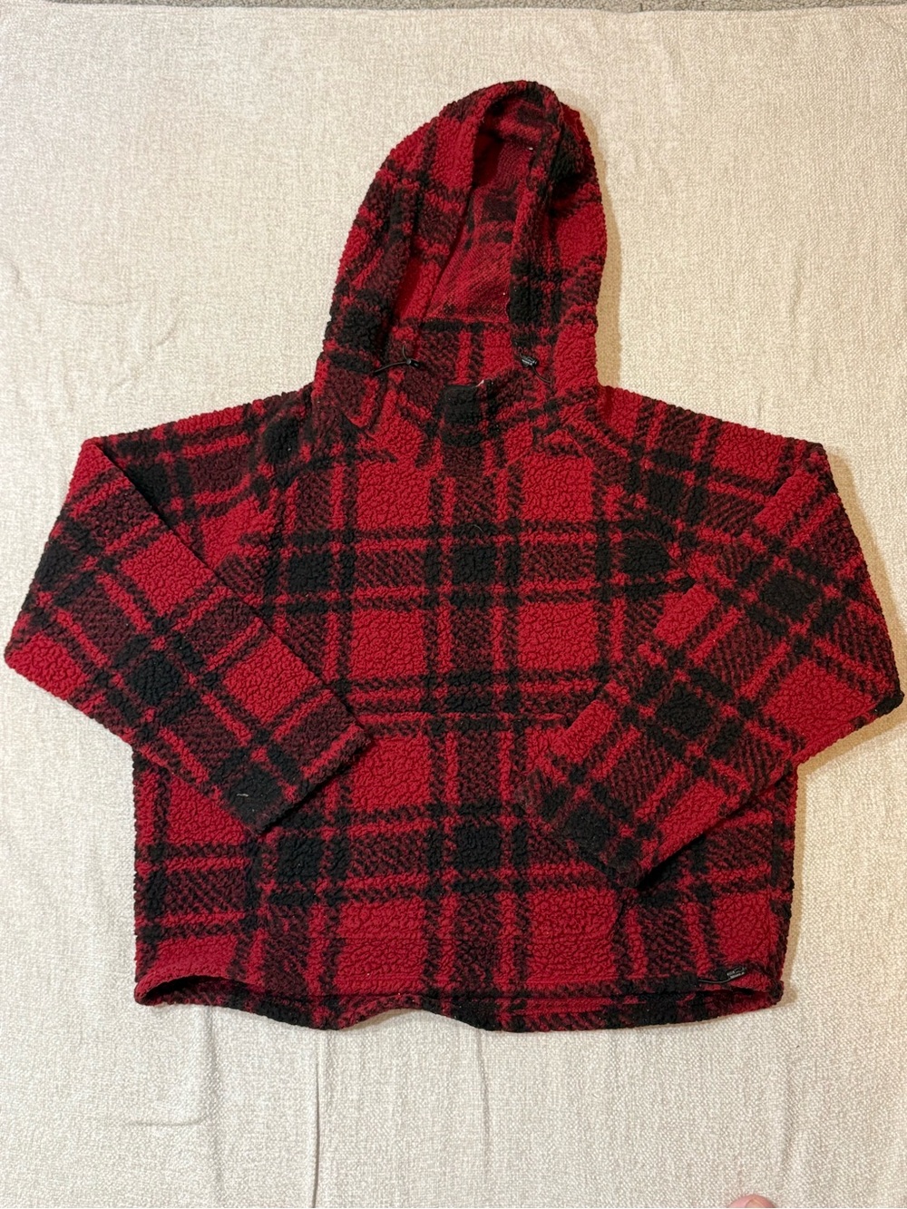 PINK Victoria’s Secret L Red Plaid Sherpa Hoodie Y2K Teddy Fleece Cozy